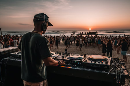 Night beach music party with close up DJ turntable and  dancing people having fun on outdoor background created by generative AIの素材