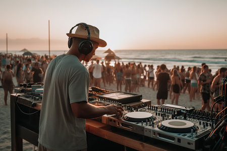 Night beach music party with close up DJ turntable and  dancing people having fun on outdoor background created by generative AIの素材