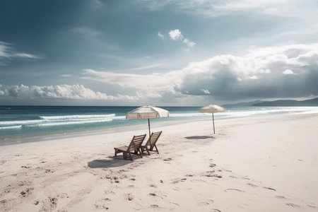 Panoramic beach paradise. Couple chairs beds with umbrella  created by generative AIの素材