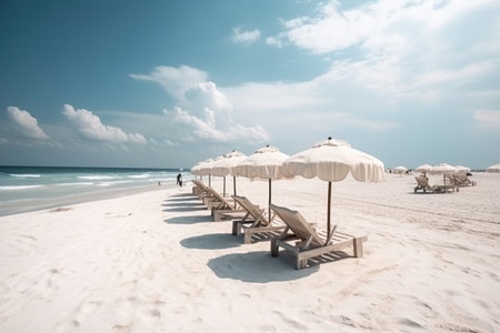 Panoramic beach paradise. Couple chairs beds with umbrella  created by generative AIの素材