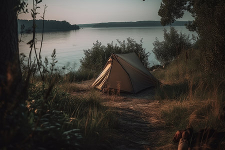 Camping in nature in a picturesque location far from civilization. Beautiful bay coast. Overnight in a tent on the coast created by generative AIの素材