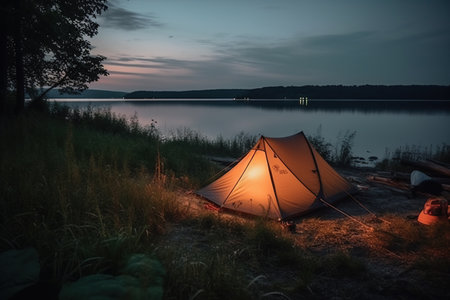Camping in nature in a picturesque location far from civilization. Beautiful bay coast. Overnight in a tent on the coast created by generative AIの素材