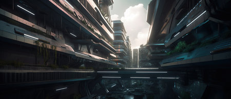Modern architecture of the metropolis in the style of minimalism. Buildings and skyscrapers made of glass and metal.Created by generative AIの素材
