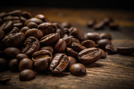 Roasted coffee beans  on a vintage background, top view with copy space created by generative AIの素材