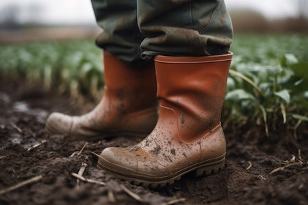 Farmer wearing rubber boots standing in wheatgrass field created by generative AIの素材