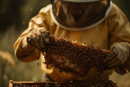 Beekeeper working in an apiary created by generative AIの素材