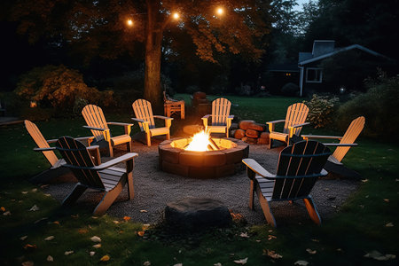 Outdoor fire pit in the backyard with lawn chairs seating on a late summer night created by generative AIの素材