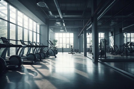 Contemporary spotless fitness gym center interior created by generative AIの素材