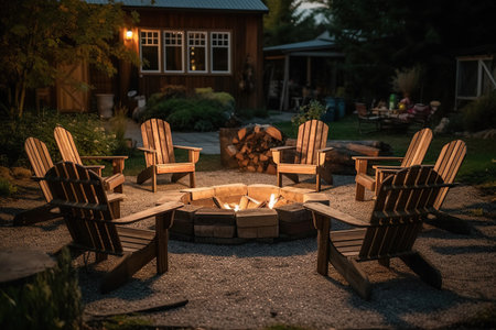 Outdoor fire pit in the backyard with lawn chairs seating on a late summer night created by generative AIの素材