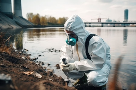 Staff wearing white chemical protective mask and radioactive protective suit check water quality from chemical plants or factory in river created by generative AIの素材