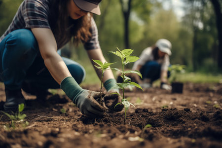 closeup woman outdoors planting a tree in nature created by generative AIの素材