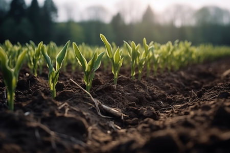 Springtime corn field with fresh, green sprouts in soft focus created by generative AIの素材