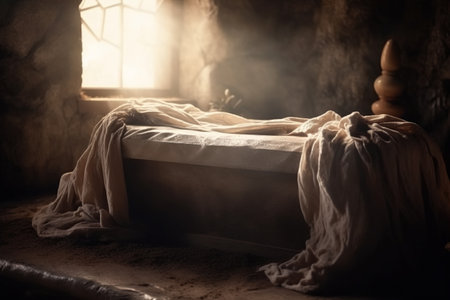 Tomb Empty With Shroud And Crucifixion At Sunrise Resurrection created by generative AIの素材