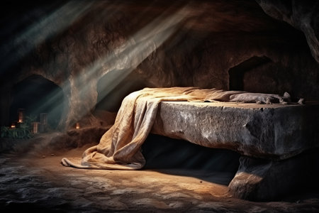 Tomb Empty With Shroud And Crucifixion At Sunrise Resurrection created by generative AIの素材