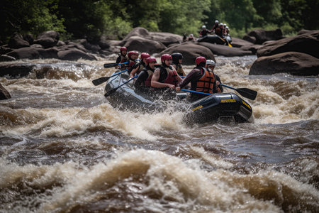 rafting on a large boat on a mountain river created by generative AIの素材