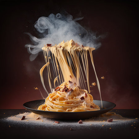 close-up of spaghetti served in plate on table created by generative AIの素材