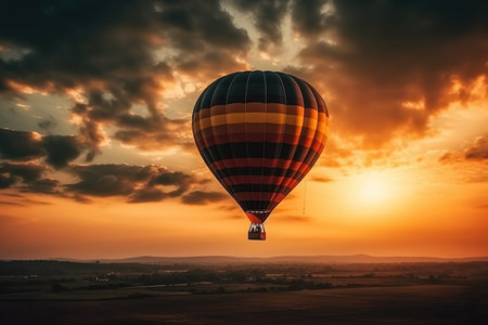 hot air balloon in the sunset evening sky and pure cloud copy space created by generative AIの素材