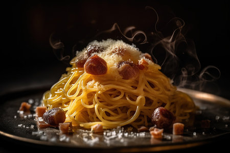 close-up of spaghetti served in plate on table  created by generative AIの素材