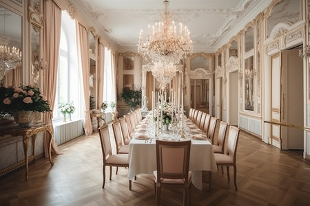 Decorated wedding banquet hall in classic style. Restaurant interior for banquet  created by generative AIの素材