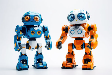Small robots with human face and body - humanoid.Orange and blue robots isolated on white background. created by AIの素材