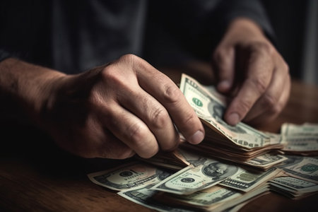 Close-up of male hands counting stack of hundred dollar bills created by AIの素材