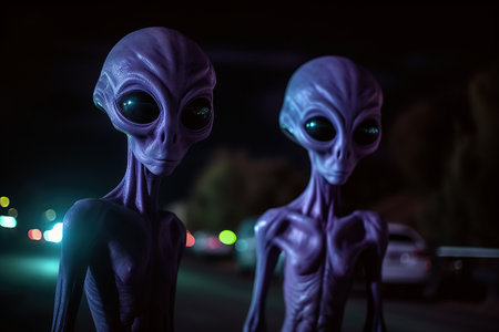 Typical slim violet aliens at night created by AIの素材