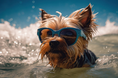 Yorkshire Terrier in sun goggles surf on blue water.Ai generative.の素材
