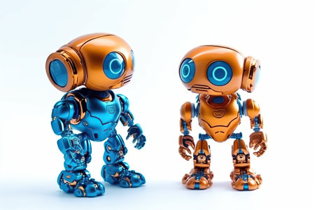 Small robots with human face and body - humanoid.Orange and blue robots isolated on white background. created by AIの素材