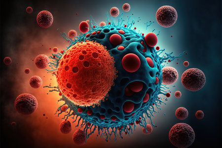 medically accurate illustration of white blood cells attacking a cancer cell created by generative AIの素材