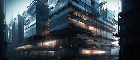 Modern architecture of the metropolis in the style of minimalism. Buildings and skyscrapers made of glass and metal.Created by generative AIの素材