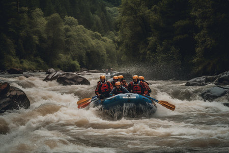 rafting on a large boat on a mountain river created by generative AIの素材