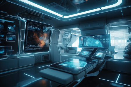 The hospital room of the future, in a futuristic spaceship created by generative AIの素材