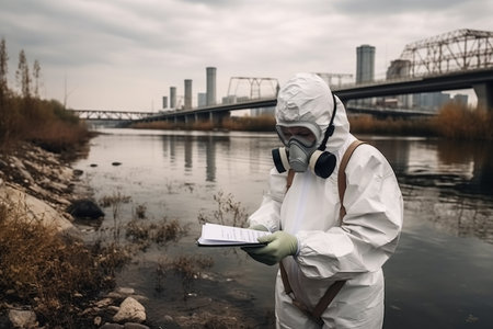 Staff wearing white chemical protective mask and radioactive protective suit check water quality from chemical plants or factory in river created by generative AIの素材