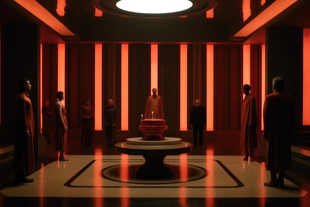 dark room with pillars in front and people making ceremonial religious rite created by generative AIの素材