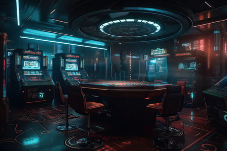 Casino interior, vibrant, colorful, futuristic, gambling tables created by generative AIの素材