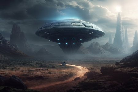 Alien planet with ufo spaceship, generative ai illustrationの素材