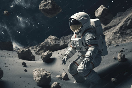 astronaut floating among asteroids touching an asteroid. Ai generative.の素材