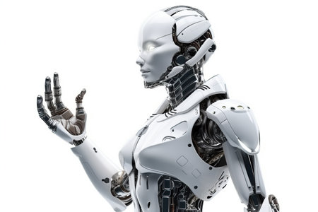 Futuristic isolated on white robotic woman with gesturing hands  Ai generative.の素材
