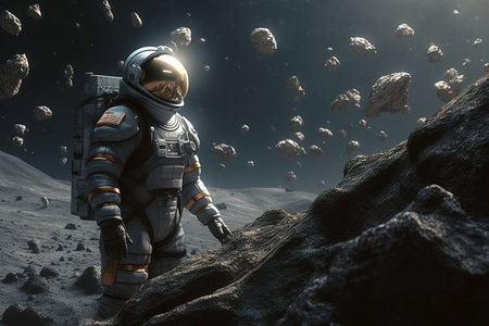 astronaut floating among asteroids touching an asteroid. Ai generative.の素材