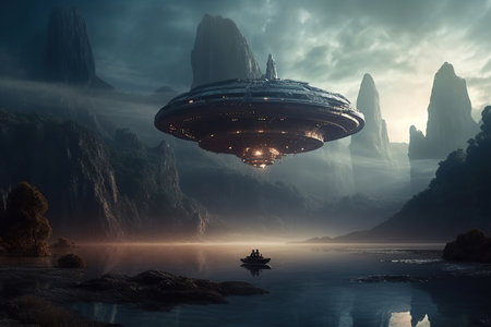 Alien planet with ufo spaceship, generative ai illustrationの素材