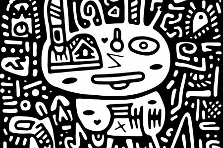 Doodles keith haring inspired pattern in rabbit  shape illustration,  white black ink style created by generative AIの素材