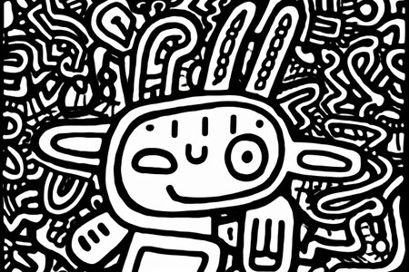 Doodles keith haring inspired pattern in rabbit  shape illustration,  white black ink style created by generative AIの素材