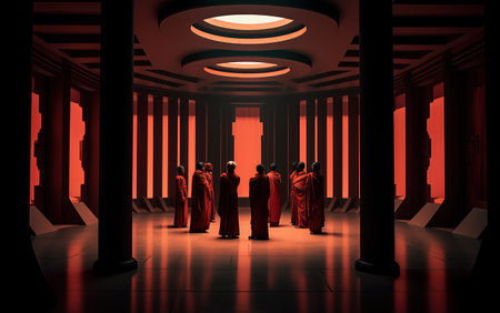 dark room with pillars in front and people making ceremonial religious rite created by generative AIの素材