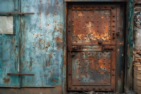 Old rusty metal door front view from distance created by generative AIの素材