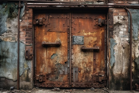 Old rusty metal door front view from distance created by generative AIの素材