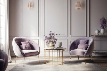 Interior design of luxury living room with white  armchair and lavender table and white  walls created by generative AIの素材