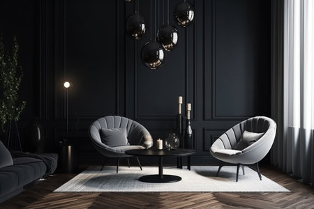 Interior design of luxury living room with white  armchair and lavender table and black walls created by generative AIの素材