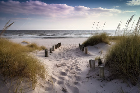 wild beach with dunes on a windy day created by generative AIの素材
