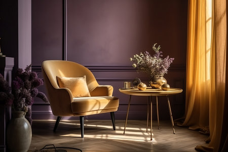 Interior design of luxury living room with yellow armchair and lavender table and purple walls created by generative AIの素材
