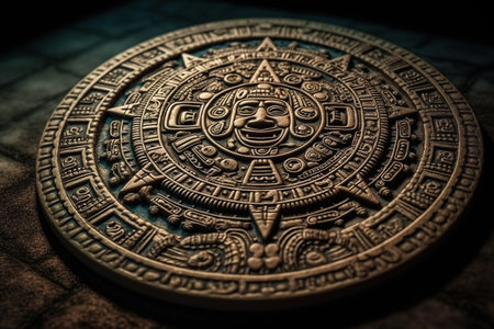 Close view of the ancient Aztec mayan calendar with round pattern and relief on stone surface created by generative AIの素材